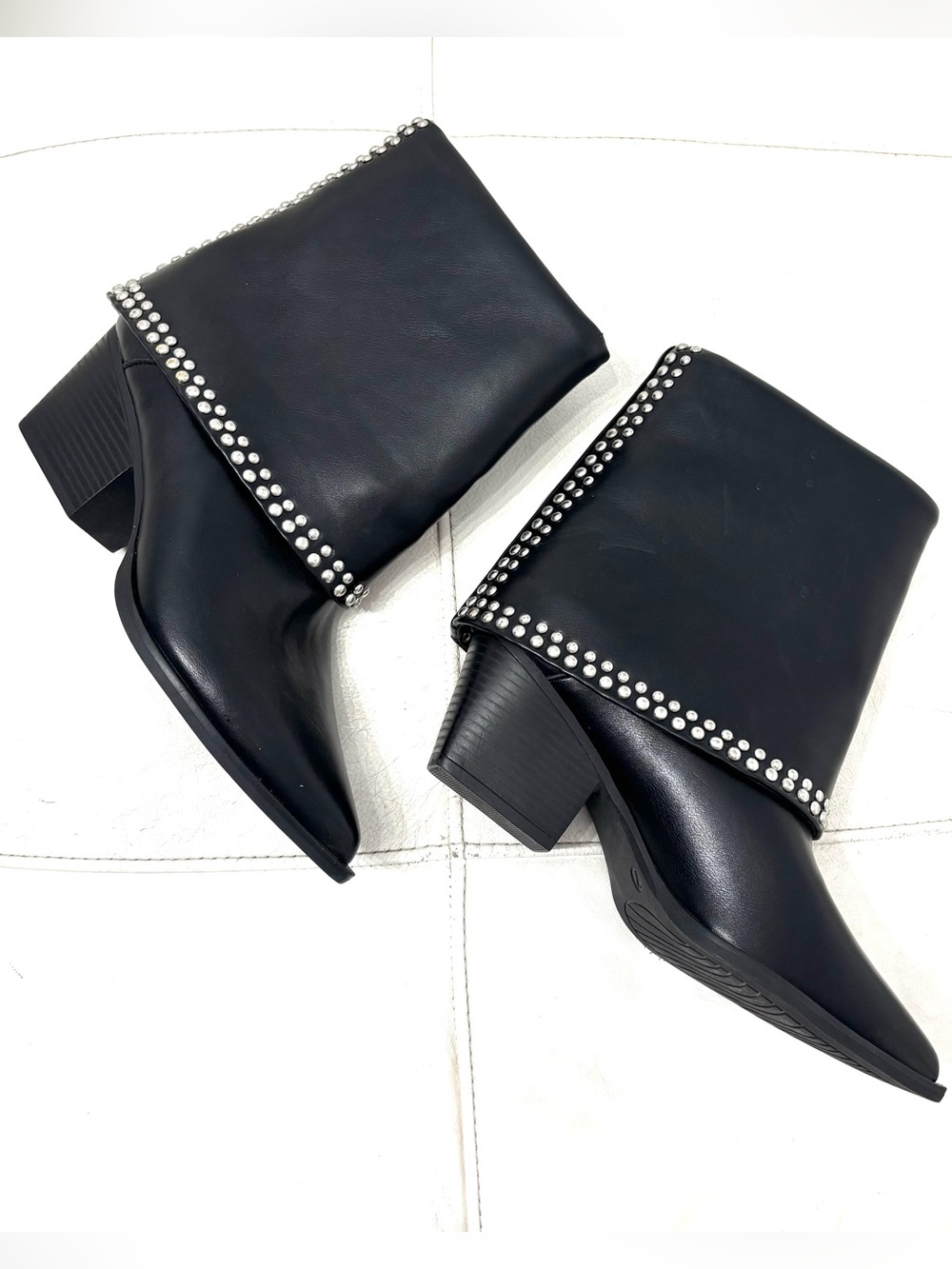 Michael Shanon Royce Fold Over Black Studded Pointed Ankle Booties
